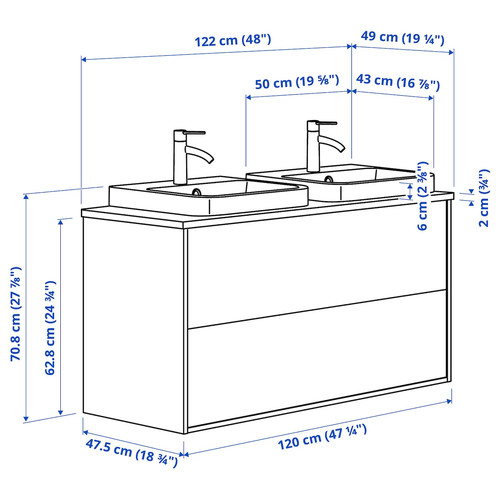 ÄNGSJÖN / BACKSJÖN Wash-stnd w drawers/wash-basin/taps, high-gloss white/grey stone effect, 122x49x71 cm