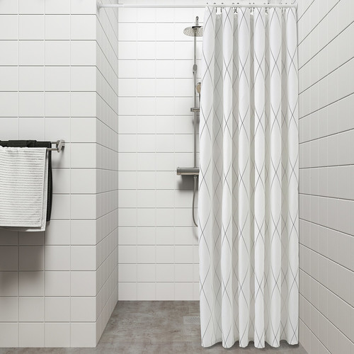 BASTSJÖN Shower curtain, white, grey/beige, 180x200 cm
