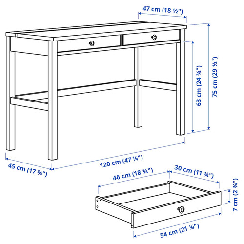 HEMNES Desk with 2 drawers, white stain/light brown, 120x47 cm