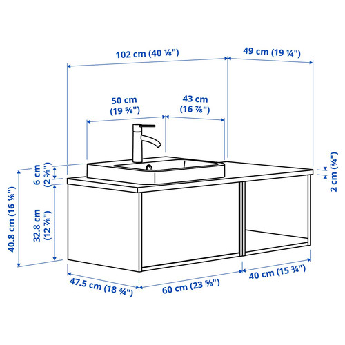 ÄNGSJÖN / BACKSJÖN Wash-stand/wash-basin/tap, oak effect/black marble effect, 102x49x41 cm