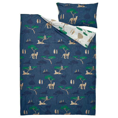 SANDLÖPARE Duvet cover and pillowcase, white dark blue/savannah, 150x200/50x60 cm