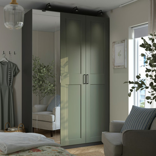 PAX/KAMMARTORP/GRIMO Wardrobe combination, dark grey/mirror glass grey-green, 150x60x236 cm