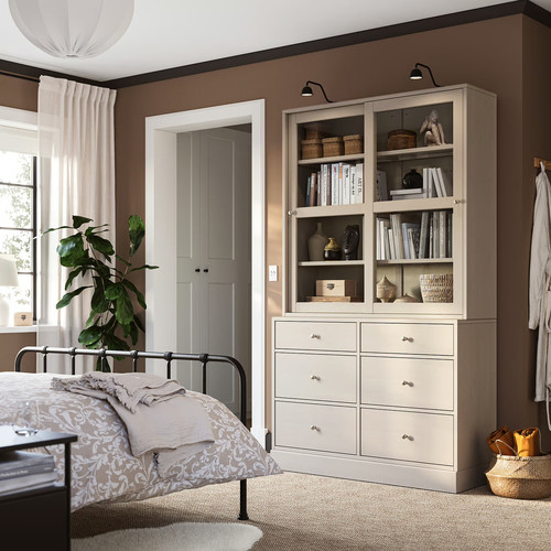 HAVSTA Storage combination w glass-doors, grey-beige, 121x47x212 cm