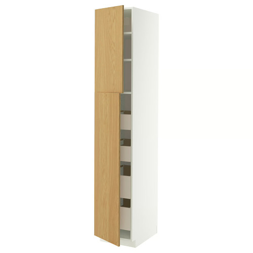 METOD / MAXIMERA Hi cab w 2 doors/4 drawers, white/Sinarp oak veneer, 40x60x220 cm