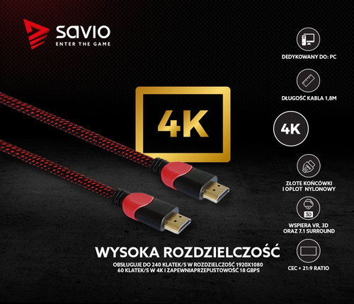 Savio HDMI Cable GCL-01 1.8m, v2.0, braid, red