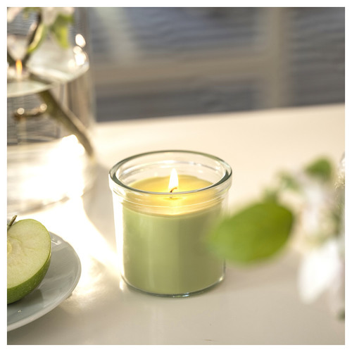 LÖVSKOGSLUND Scented candle in glass, Apple/light green, 40 hr