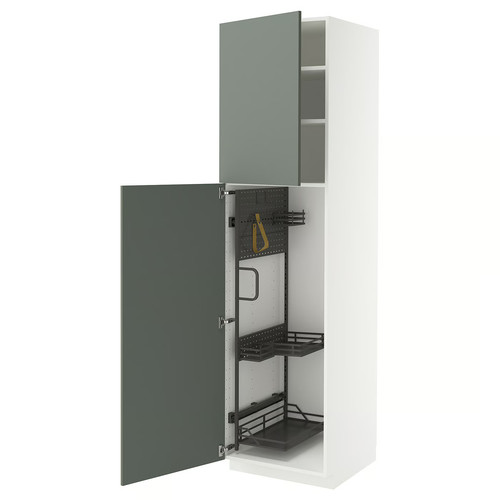 METOD High cabinet with cleaning interior, white/Nickebo matt grey-green, 60x60x220 cm