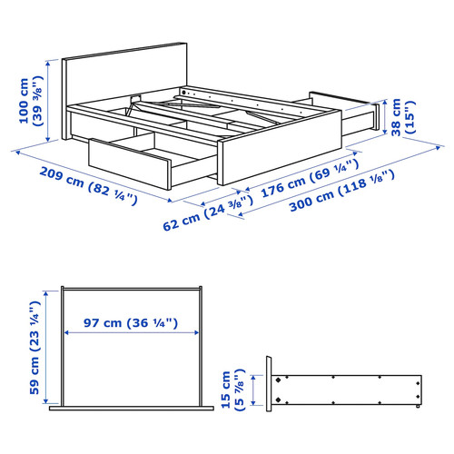 MALM Bed frame, high, w 4 storage boxes, white, Leirsund, 160x200 cm