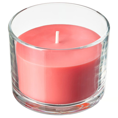 LOTSFÅGEL Scented candle in glass, Watermelon bright pink, 20 hr