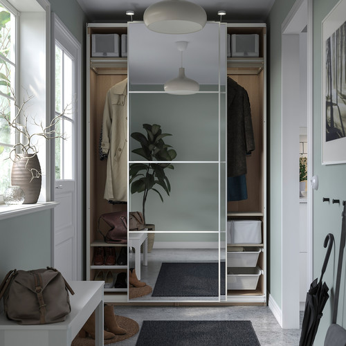 PAX / AULI Wardrobe with sliding doors, white stained oak effect/mirror glass, 150x44x236 cm