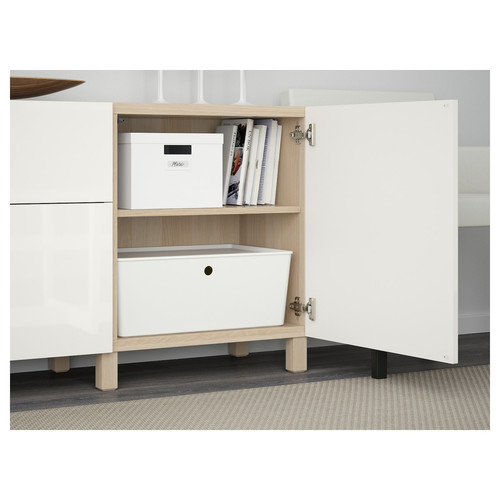 BESTÅ Storage combination with drawers, white stained oak effect/Selsviken/Stubbarp high-gloss/white, 180x42x74 cm