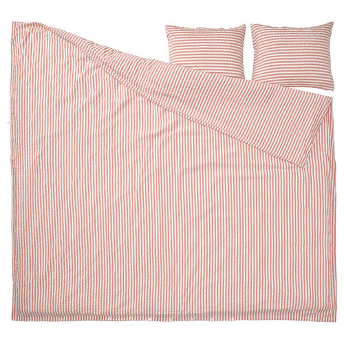 SMÅNUNNEÖRT Duvet cover and 2 pillowcases, red-brown white/striped, 200x200/50x60 cm