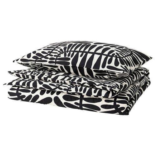 MAJSMOTT Duvet cover and pillowcase, off-white/black, 150x200/50x60 cm