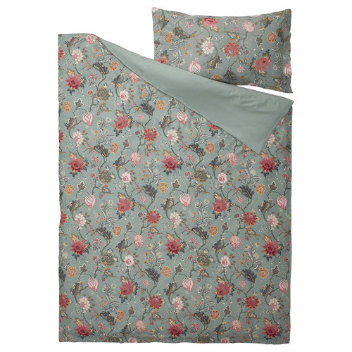 NÄSSELKLOCKA Duvet cover and pillowcase, light grey-green/multicolour, 150x200/50x60 cm