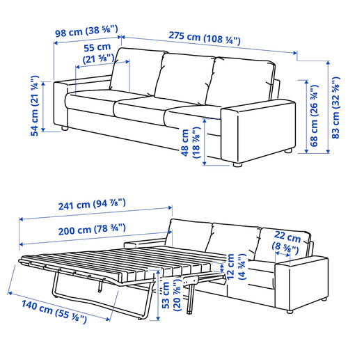 VIMLE 3-seat sofa-bed, with wide armrests/Saxemara light blue