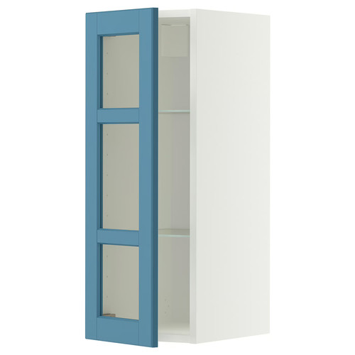 METOD Wall cabinet w shelves/glass door, white/Lerhyttan blue, 30x80 cm