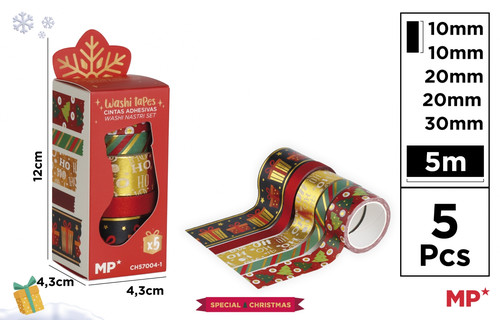 Christmas Washi Tape Set with Gold Print, 5 Rolls