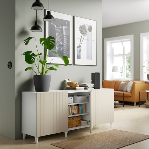 BESTÅ Storage combination with doors, white, Sutterviken/Kabbarp grey-beige, 180x42x74 cm