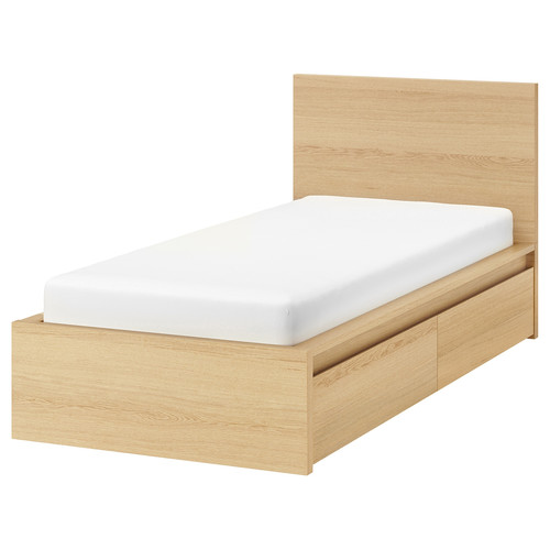 MALM Bed frame, high, with 2 storage boxes, white stained ooak effect, Lönset, 90x200 cm