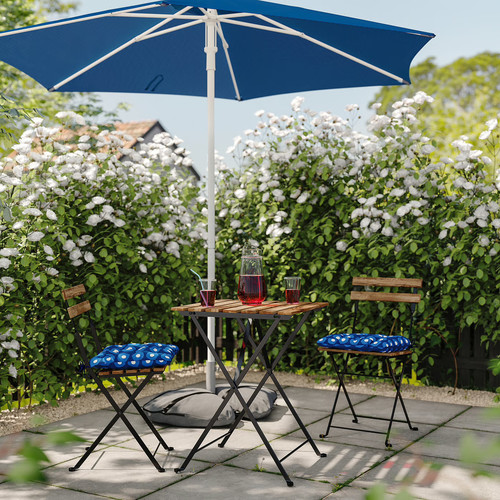 TÄRNÖ Table+2 chairs, outdoor, foldable black/light brown stained/foldable Klösan dark blue, 55x54 cm