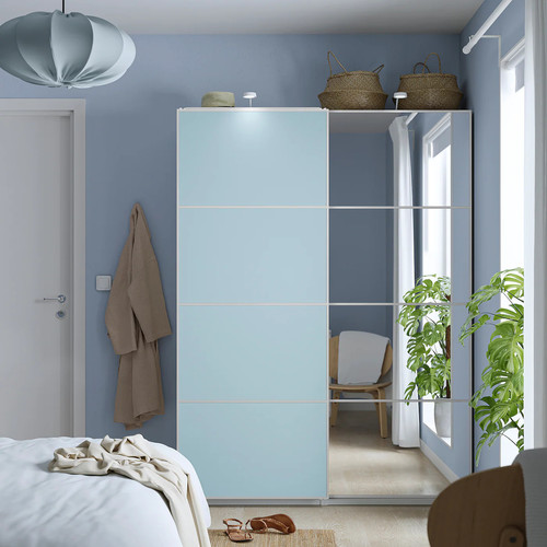 PAX / MEHAMN/AULI Wardrobe with sliding doors, white double sided/light blue mirror glass, 150x44x201 cm