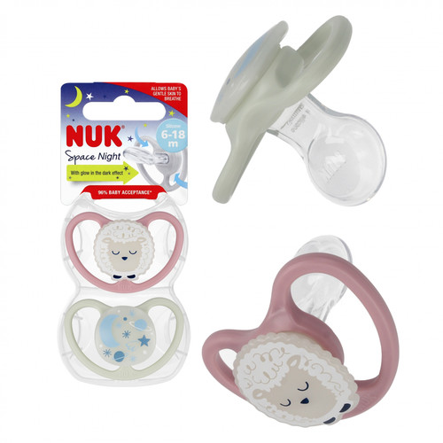 NUK Space Soother Pacifier Night 6-18m 2pcs, lilac/white
