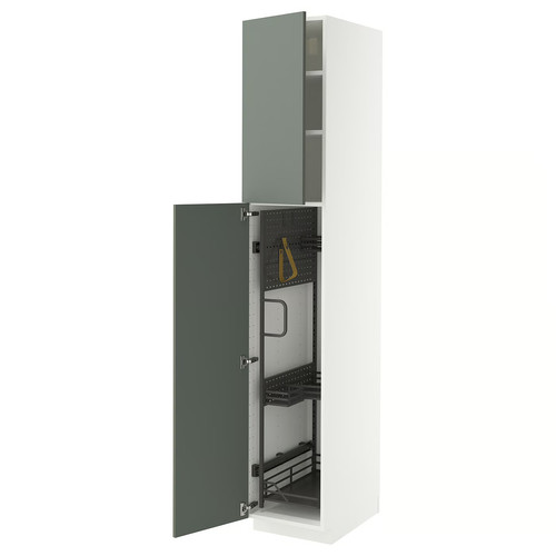 METOD High cabinet with cleaning interior, white/Nickebo matt grey-green, 40x60x220 cm