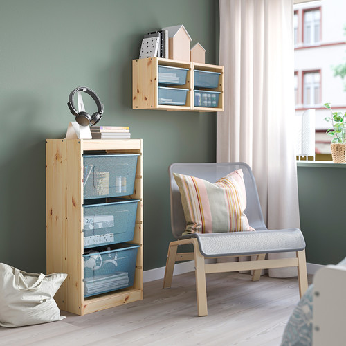 TROFAST Storage combination with boxes, light white stained pine/grey-blue, 44x30x91 cm