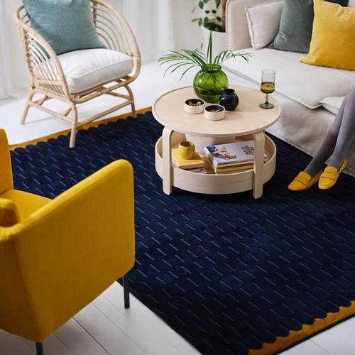 NÖVLING Rug, low pile, dark blue/yellow-brown, 200x300 cm