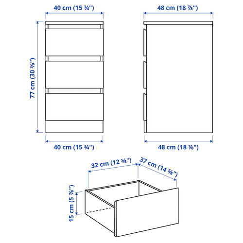 MALM Chest of 3 drawers, high-gloss white40x78 cm