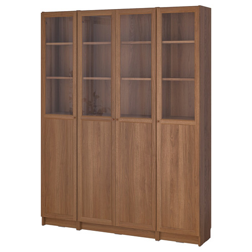 BILLY / OXBERG Bookcase comb w panel/glass doors, brown walnut effect, 160x202 cm