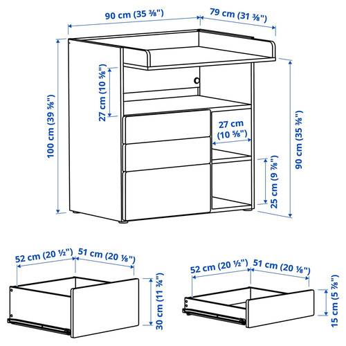 SMÅSTAD Changing table, white blue/with 3 drawers, 90x79x100 cm