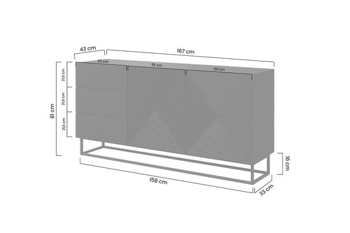 Cabinet with 3 Drawers & 2 Doors 167 cm Asha, metal legs, artisan/rivier stone matt