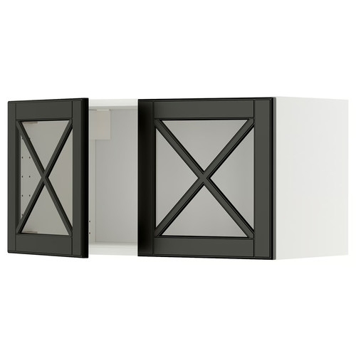 METOD Wall cabinet w 2 glass dr/crossbar., white/Bodbyn black, 80x40 cm