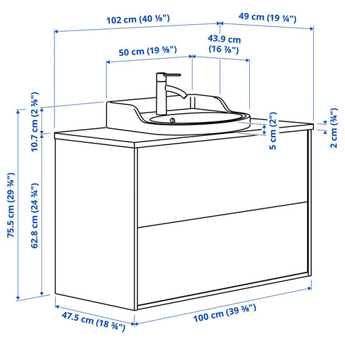 TÄNNFORSEN / RUTSJÖN Wash-stnd w drawers/wash-basin/tap, light grey/white marble effect, 102x49x76 cm