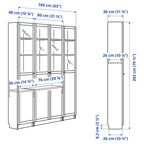BILLY / OXBERG Bookcase comb w panel/glass doors, dark brown oak effect, 160x202 cm