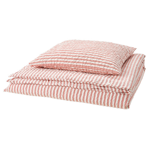 SMÅNUNNEÖRT Duvet cover and pillowcase, red-brown white/striped, 150x200/50x60 cm
