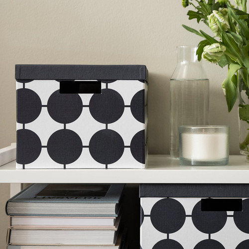 TJENA Storage box with lid, white black/dotted, 25x35x20 cm