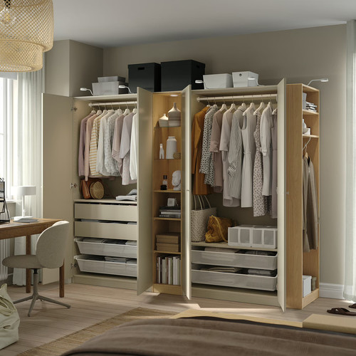 PAX / FORSAND Wardrobe combination, grey-beige grey-beige/oak effect, 255x60x201 cm