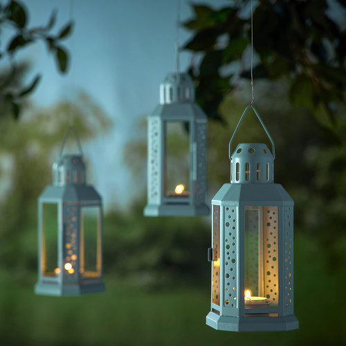 ENRUM Lantern for tealight, in/outdoor, pale blue, 22 cm