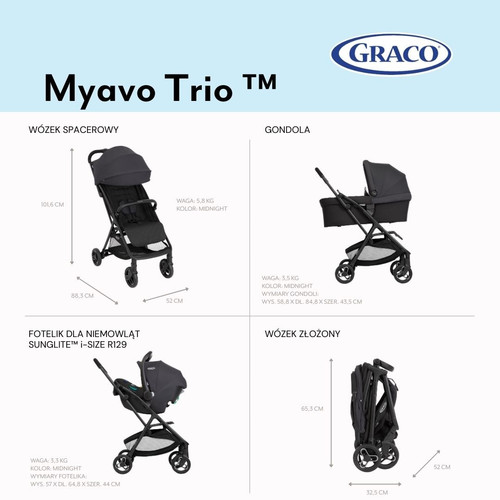 Graco MyAvo Trio 3in1 Travel System - Stroller with Carrycot and Infant Car Seat, Midnight