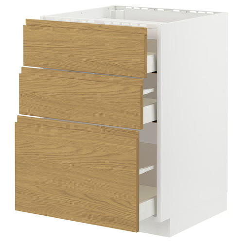 METOD / MAXIMERA Base cab f hob/3 fronts/3 drawers, white/Voxtorp oak effect, 60x60 cm