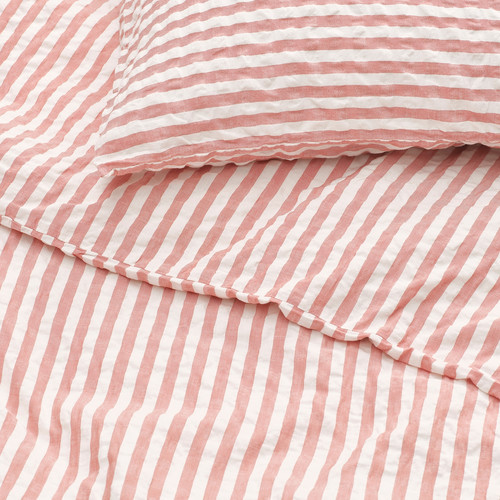 SMÅNUNNEÖRT Duvet cover and 2 pillowcases, red-brown white/striped, 200x200/50x60 cm