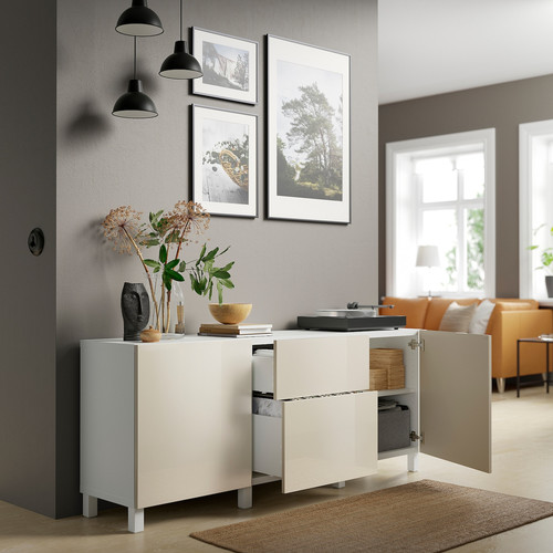 BESTÅ Storage combination with drawers, white/Selsviken/Stubbarp high-gloss/beige, 180x42x74 cm