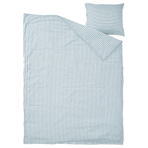 SMÅNUNNEÖRT Duvet cover and pillowcase, dark grey-blue white/striped, 150x200/50x60 cm
