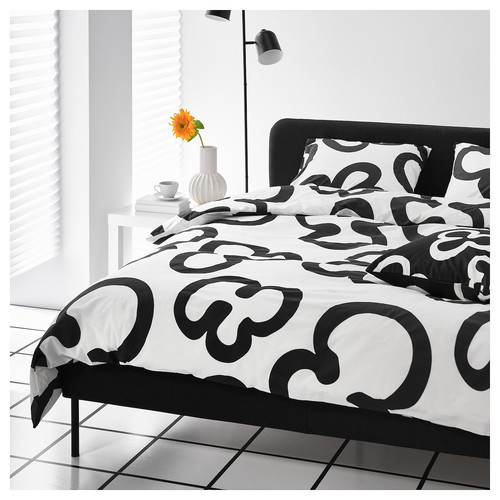 KLIPPBRÄCKA Duvet cover and 2 pillowcases, white/black, 200x200/50x60 cm