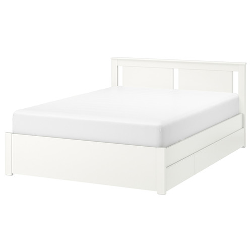 SONGESAND Bed frame with 4 storage boxes, white/Lindbåden, 140x200 cm
