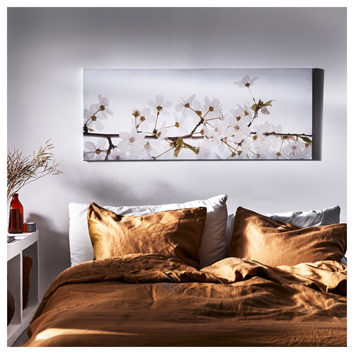 BJÖRKSTA Picture with frame, white flowers/aluminium-colour, 140x56 cm