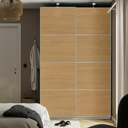 MEHAMN Pair of sliding doors, aluminium/double sided oak effect, 150x236 cm
