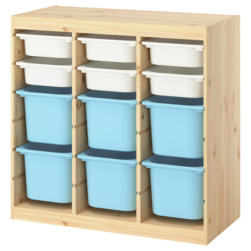 TROFAST Storage combination with boxes, room divider light white stained pine/white light blue, 93x44x91 cm
